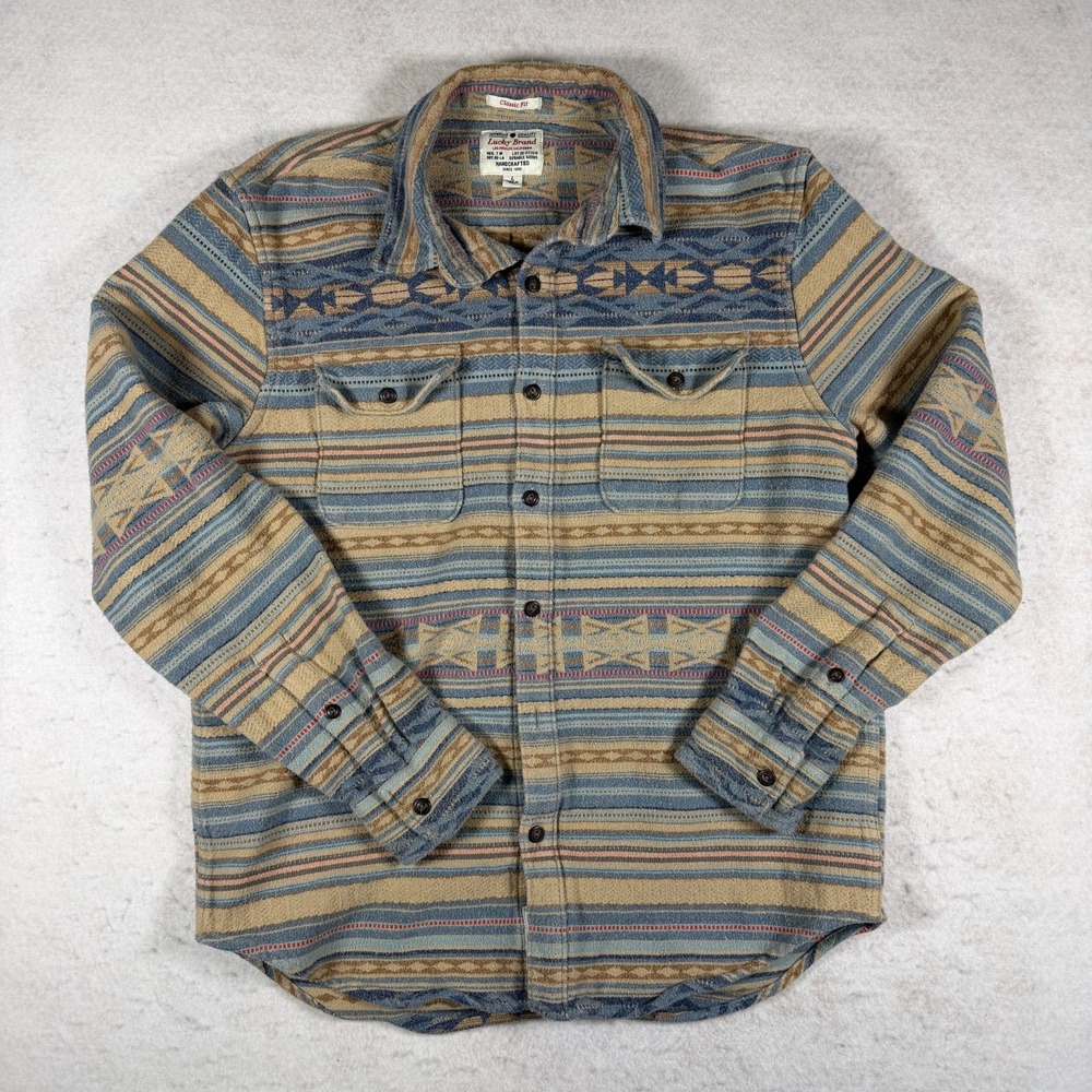 Lucky Brand Men's L Classic Fit‎ Southwestern Aztec Striped Button Up Shirt Blue